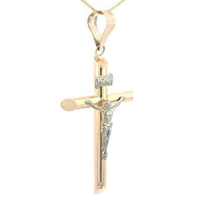 10K Real Gold Two Tone "INRI" Tube Style Crucifix Medium Charm with Box Chain