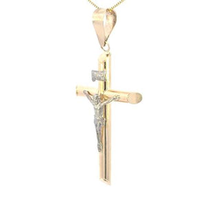 10K Real Gold Two Tone "INRI" Tube Style Crucifix Medium Charm with Box Chain