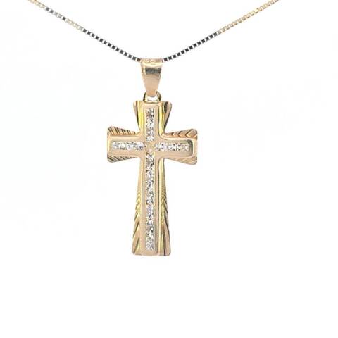 10K Real Gold Diamond Cut CZ Cross Small Charm with Box Chain