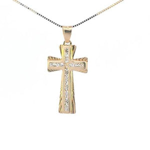 10K Real Gold Diamond Cut CZ Cross Small Charm with Box Chain