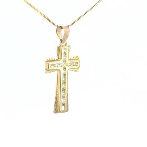 10K Real Gold Diamond Cut CZ Cross Small Charm with Box Chain