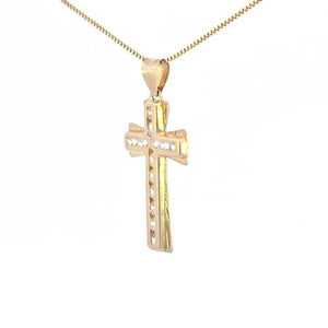 10K Real Gold Diamond Cut CZ Cross Small Charm with Box Chain