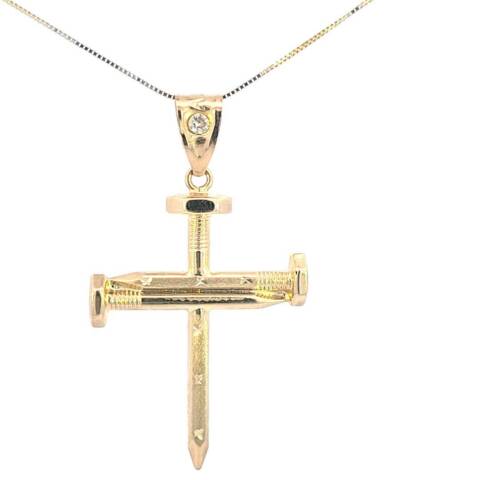 10K Real Gold Screw Nail Cross CZ Charm with Box Chain