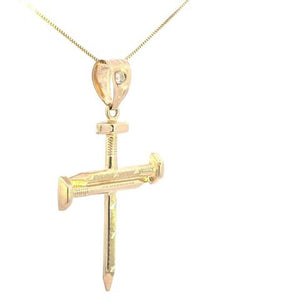 10K Real Gold Screw Nail Cross CZ Charm with Box Chain