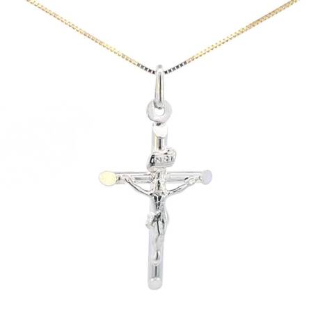 10K Real White Gold "INRI" Crucifix Cross Small Charm with Box Chain