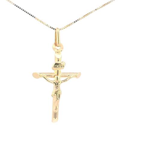 10K Real Gold "INRI" Jesus Tube Cross Small Cross with Box Chain