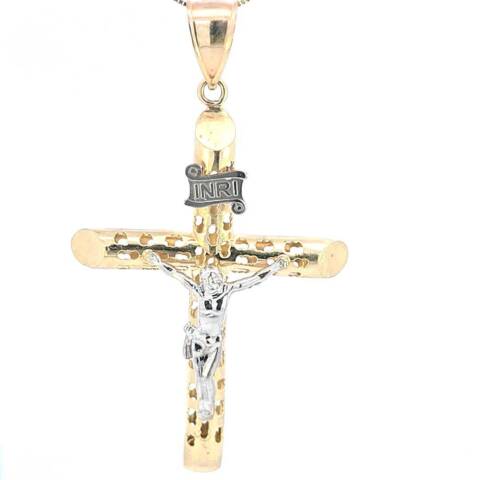 10K Real Gold "INRI" Two Tone Hollow Tube Crucifix Big Charm