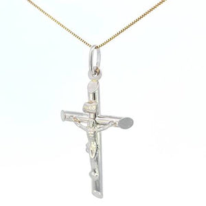 10K Real White Gold "INRI" Jesus Tube Cross Medium Charm with Box Chain