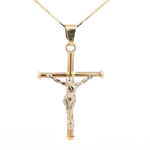 10K Real Gold Two Tone Crucifix Medium Charm with Box Chain