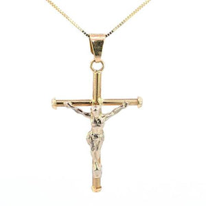 10K Real Gold Two Tone Crucifix Medium Charm with Box Chain