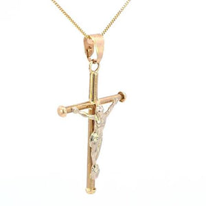 10K Real Gold Two Tone Crucifix Medium Charm with Box Chain