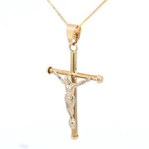 10K Real Gold Two Tone Crucifix Medium Charm with Box Chain