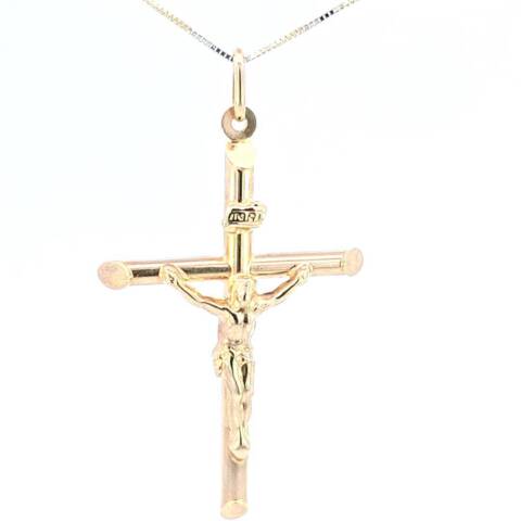 10K Real Gold "INRI" Tube Style Crucifix Charm with Box Chain
