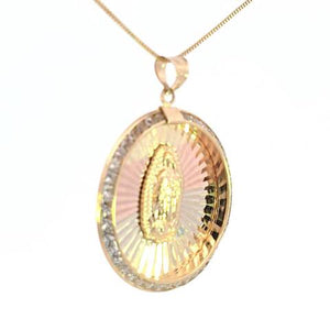 14K Round CZ Tri Color Mother Mary Big Charm with Box Chain