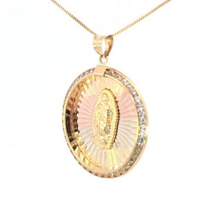 10K Real Gold Tri Color Round Mother Mary CZ Medium Charm with box Chain