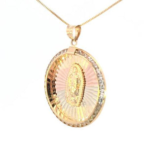 14K Round CZ Tri Color Mother Mary Big Charm with Box Chain