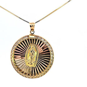 14K Round CZ Tri Color Mother Mary Big Charm with Box Chain