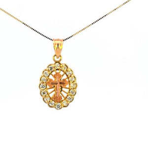 10K Real Gold Two Tone Cross Oval CZ Small Charm with Box Chain