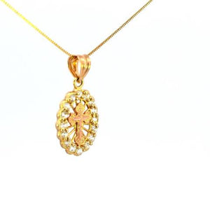 10K Real Gold Two Tone Cross Oval CZ Small Charm with Box Chain