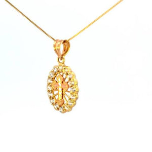 10K Real Gold Two Tone Cross Oval CZ Small Charm with Box Chain