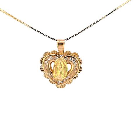 10K Real Gold CZ Mother Mary Heart Flower Charm with Box Chain