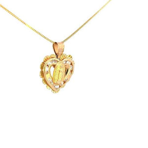 10K Real Gold Mother Mary CZ Heart Flower Charm with Box Chain