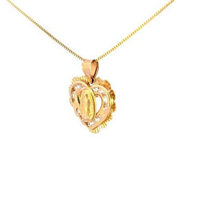 10K Real Gold CZ Mother Mary Heart Flower Charm with Box Chain