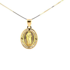 10K Real Gold Oval CZ Saint Jude Small Charm with Box Chain