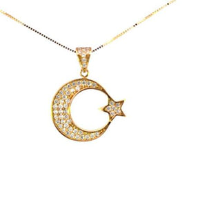 10K Real Gold Half Moon & Star CZ Small Charm with Box Chain