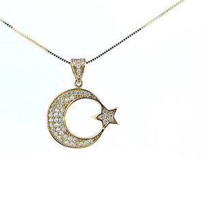 10K Real Gold Half Moon & Star CZ Small Charm with Box Chain