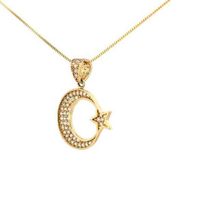 10K Real Gold Half Moon & Star CZ Small Charm with Box Chain