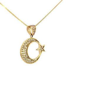 10K Real Gold Half Moon & Star CZ Small Charm with Box Chain