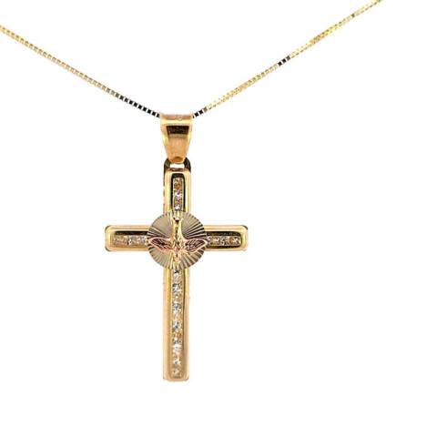 10K Real Gold Tri Color CZ Cross-Faith Hope Peace Charm with Box Chain