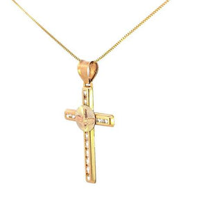 10K Real Gold Tri Color CZ Cross-Faith Hope Peace Charm with Box Chain