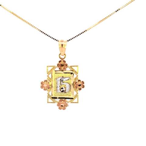10K Real Gold Tri Color "15" in Frame Flower Charm with Box Chain