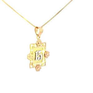10K Real Gold Tri Color "15" in Frame Flower Charm with Box Chain