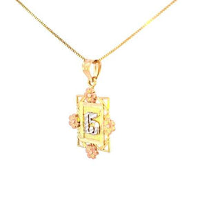 10K Real Gold Tri Color "15" in Frame Flower Charm with Box Chain