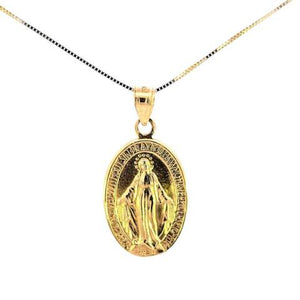 14K Real Gold Miraculous Medal Mother Mary Double Sided Oval Charm with Box Chain