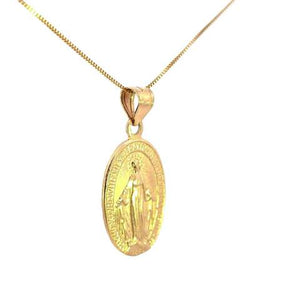 14K Real Gold Miraculous Medal Mother Mary Double Sided Oval Charm with Box Chain