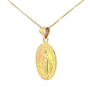 14K Real Gold Miraculous Medal Mother Mary Double Sided Oval Charm with Box Chain