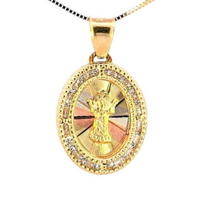 10K Real Gold Tri Color Baby Jesus Oval CZ Small Charm with Box Chain