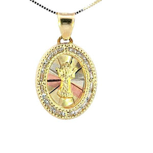10K Real Gold Tri Color Baby Jesus Oval CZ Small Charm with Box Chain