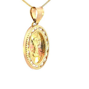 10K Real Gold Tri Color Baby Jesus Oval CZ Small Charm with Box Chain