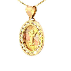 10K Real Gold Tri Color Baby Jesus Oval CZ Small Charm with Box Chain
