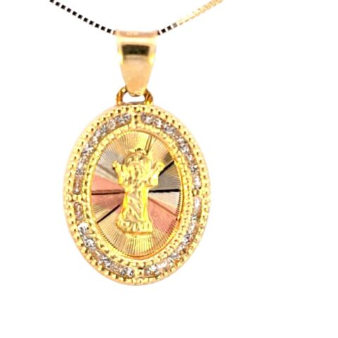 10K Real Gold Tri Color Baby Jesus Oval CZ Small Charm with Box Chain