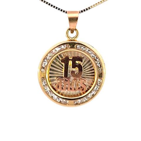 14K Real Gold Tri Color "15 Anos" Round CZ Charm with Box Chain