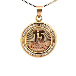 14K Real Gold Tri Color "15 Anos" Round CZ Charm with Box Chain