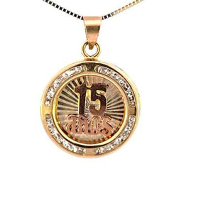 14K Real Gold Tri Color "15 Anos" Round CZ Charm with Box Chain