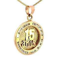 14K Real Gold Tri Color "15 Anos" Round CZ Charm with Box Chain