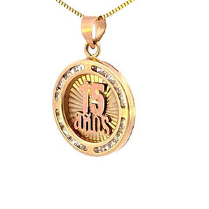 14K Real Gold Tri Color "15 Anos" Round CZ Charm with Box Chain